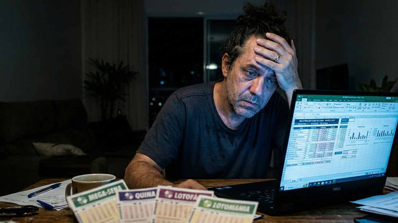 Homem estressado com planilhas de bolão