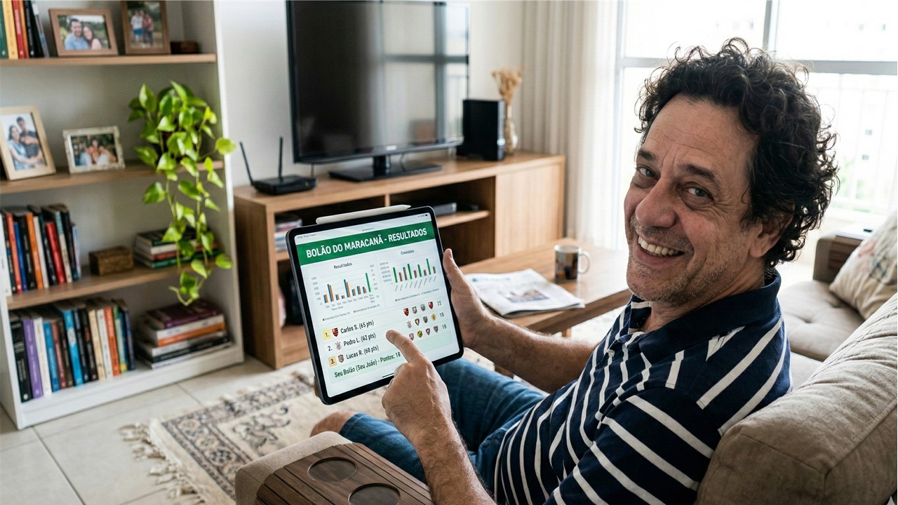 Homem relaxado gerenciando bolão pelo tablet